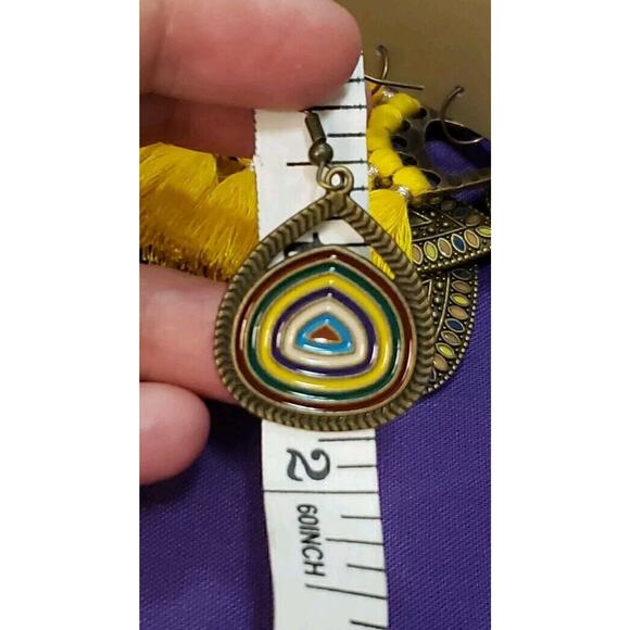 Three Pairs Dangle Earrings BOHO Western Style Yellow & Bronze Tone - Picture 8 of 11